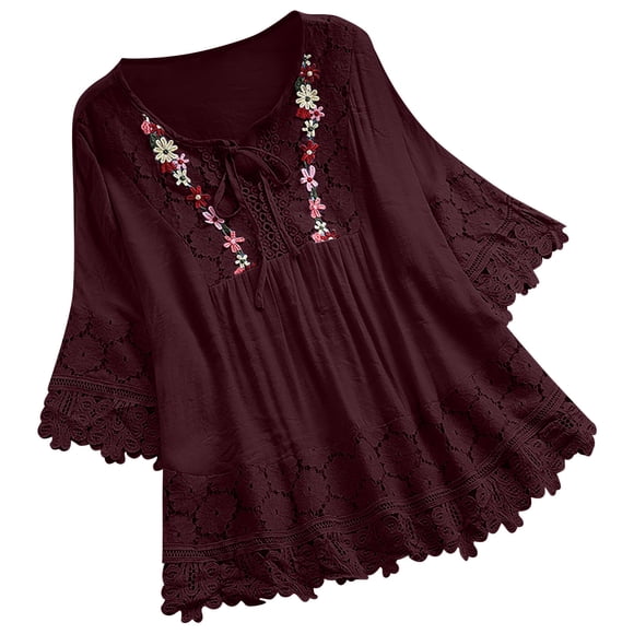 lcziwo Womens Flowy Summer Tops 3/4 Sleeve Linen Shirts Mexican Embroidered Boho Tunic Casual Loose Beach Tees Cute Dressy Blouse Wine,XXL
