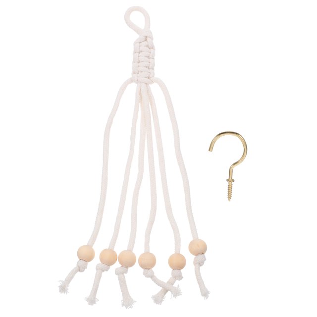 2pcs Under Cabinet Banana Hangers Multi-use Fruit Hangers Kitchen Banana Hanging Rope. The set includes two beige cotton rope hangers with wooden beads and a gold-tone screw hook for easy installation. Designed for under-cabinet or shelf mounting, these hangers provide ventilation to keep bananas fresh and ripe while saving counter space. Suitable for fruits, vegetables, or craft supplies, they are durable and woven from high-grade cotton threads.
