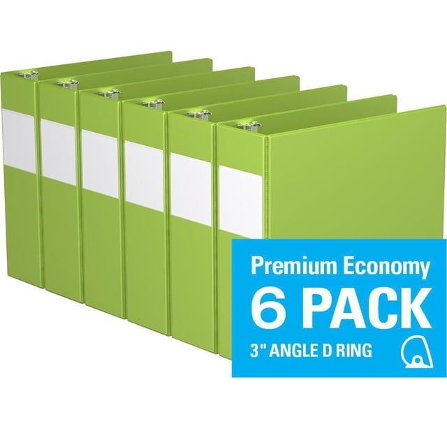 Davis Group Premium Economy D Ring Binder 6 Pack in green with 3-inch angle D rings, featuring full-width white label holders on spines and clear interior pockets for securing documents, ideal for conferences, colleges, and office organization.
