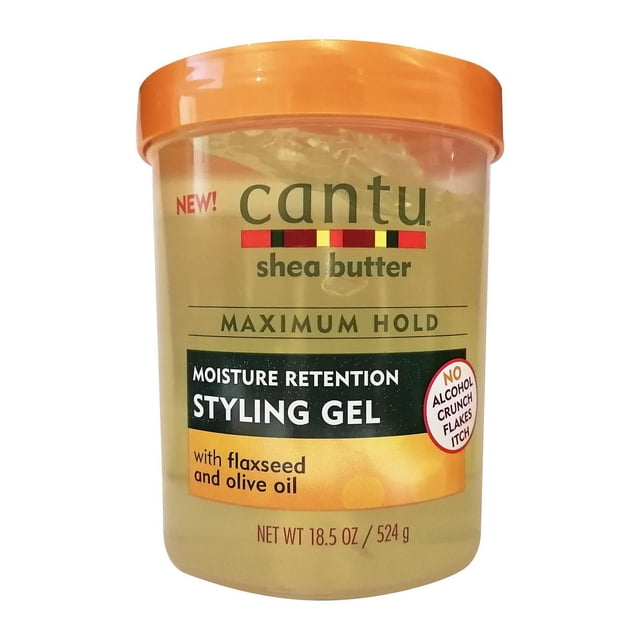 Cantu Gel de Rétention d'Hydratation Max Hold dans un Pot Transparent de 18,5 oz avec Couvercle orange, un Gel Coiffant au Beurre de Karité Infusé de Graines de Lin et d'Huile d'Olive pour une Tenue Maximale et une Rétention d'Hydratation Accrue, Sans Alcool, Ne Croustille Pas, Ne s'Effrite Pas et Ne Démange Pas, Idéal pour Coiffer les Cheveux et Maintenir l'Hydratation.