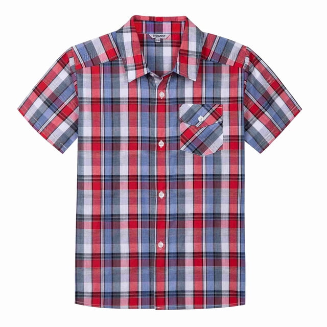 Bienzoe Boy's Cotton Plaid Button Down Short Sleeve Shirt Red/Blue 7/8