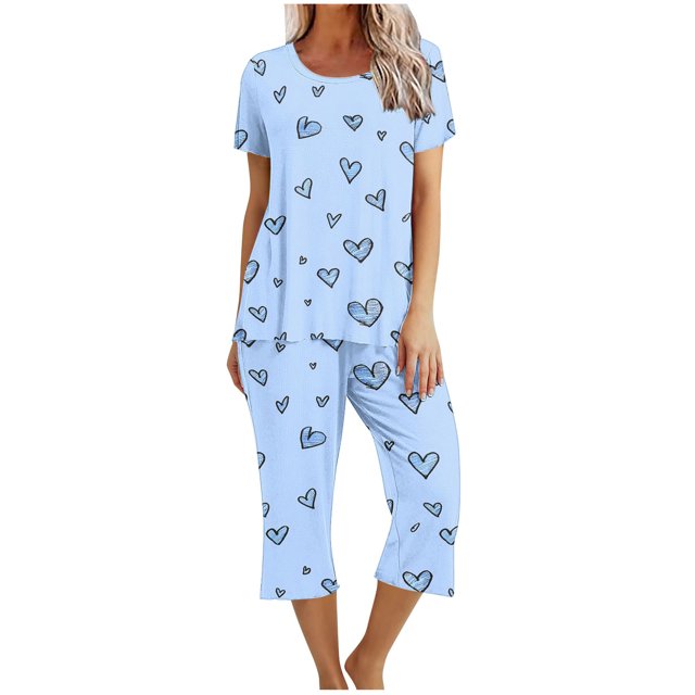Offre à Durée Limitée Iumwxz Pyjamas Doux Tendance Ensembles Assortis Tenues de Voyage pour Femmes Col Ras du Cou à Motif de Cœur Manches Courtes Taille Élastique Pantalon Court Tenues pour Femmes Tenue de Rue