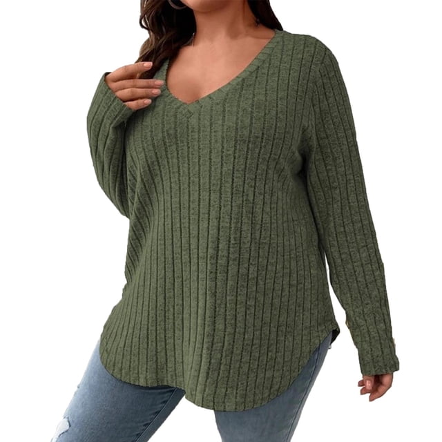 Besolor Plus Size Long Sleeve Tops for Women V Neck Pullover Sweaters Loose Dressy Curvy Hem Spring Fall Tunic Shirts