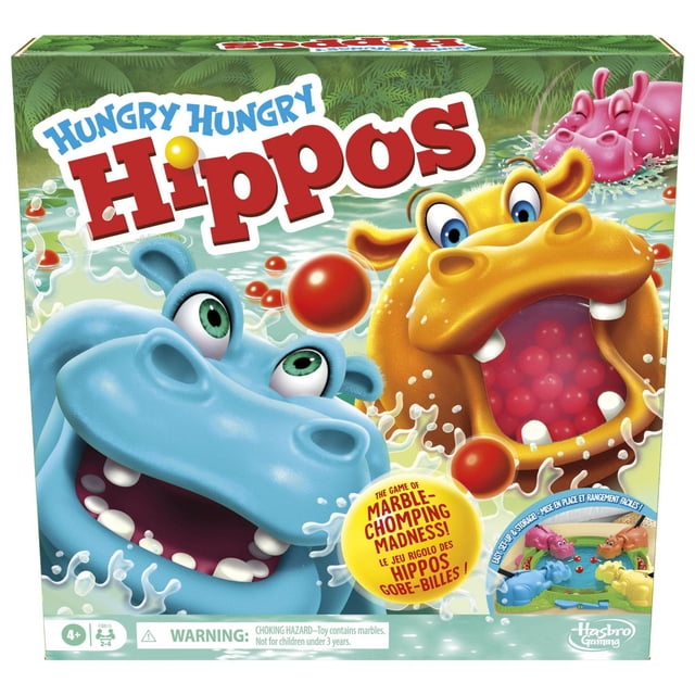 Boîte de Jeu de Société Hungry Hunry avec Hippopotames Bleus, Jaunes et Roses Mordant des Billes Rouges dans un Décor d'Eau de jungle, Mettant en Valeur un Jeu Classique de Mordillage de Billes, Installation Facile et Image de Marque Hasbro Gaming pour un Jeu de Société Amusant pour Enfants.