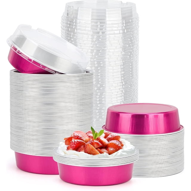 Mini Ramekins with Lids oz Disposable Aluminum Foil Cake Baking Tins Pans Creme Brulee Tart Pie Tins Silver Small Individual Round Containers Oven for Baking