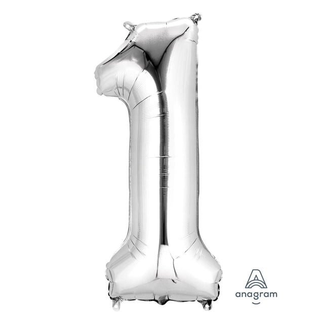 Anagram International Party Eh! Silver Large "1" Banner showing a large silver foil balloon shaped as the number one with a reflective metallic surface, inflatable with helium to float or air to hang as a banner, displayed on a white background with the Anagram logo, suitable for party decorations and photobooth props.
