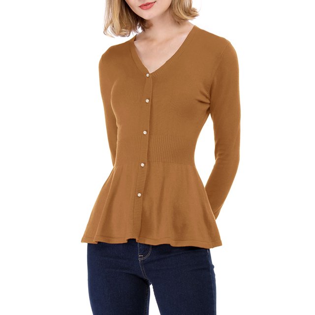 INSPIRE CHIC Women's V Neck Long Sleeve Ribbed Pullover Knitted Peplum Top
