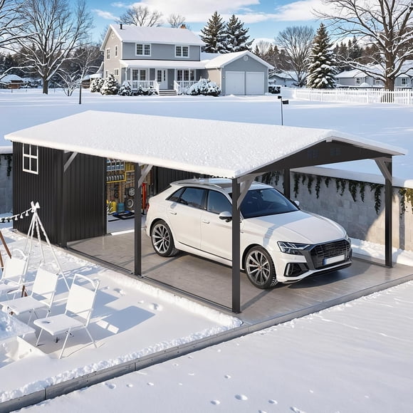 AECOJOY Abri d'Auto Portatif en Métal 12'x17‘ avec Remise de Rangement 12'x6‘, Abri de Garage Extérieur en Acier Galvanisé pour Voiture, VR, Patio, Cour Arrière