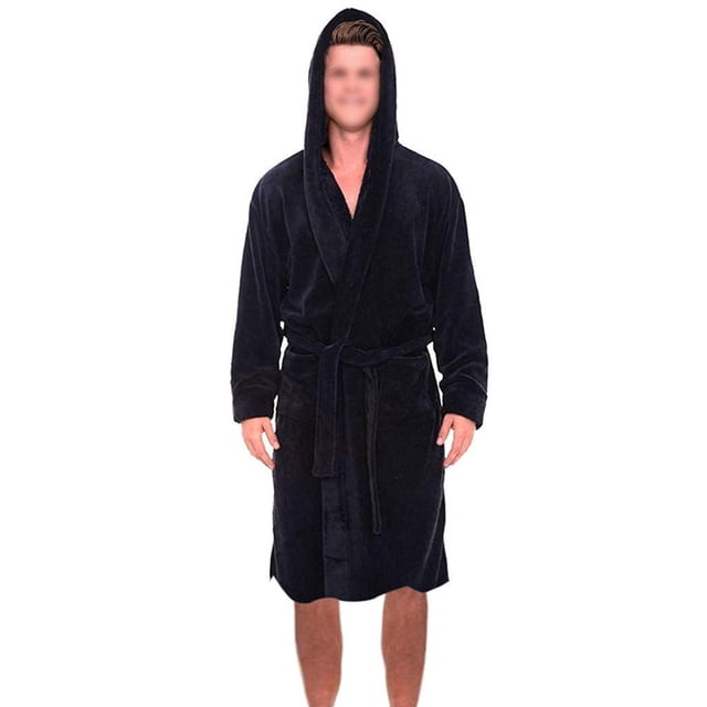 Innerwin Bath Robes Hoodie Men's Wrap Robe Winter Long Sleeve Soft Dressing Gown Black 2XL