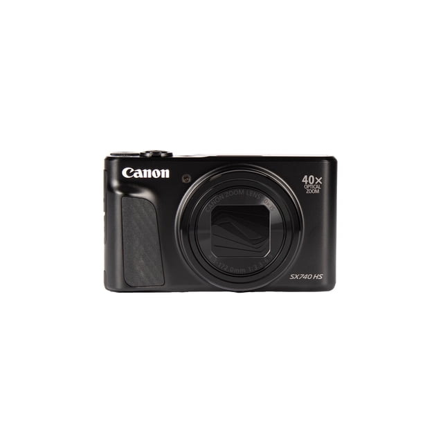 Canon PowerShot SX740 HS Lite Edition in black, a compact travel zoom camera with 40x optical zoom, 20.3 Megapixel CMOS sensor, and DIGIC 8 processing for high-definition photos and 4K video resolution. Features Wi-Fi and Bluetooth® connectivity for easy sharing. Front-facing view highlights the lens and branding.