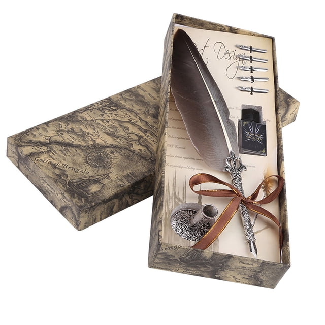 Feather Quill Pen and Ink Set Calligraphy Pen Set Fountain Dip Feather Pen and Ink Set Quill Pen Set Ink Pen with 6 Stainless Steel Nibs for Writing Paper Letter