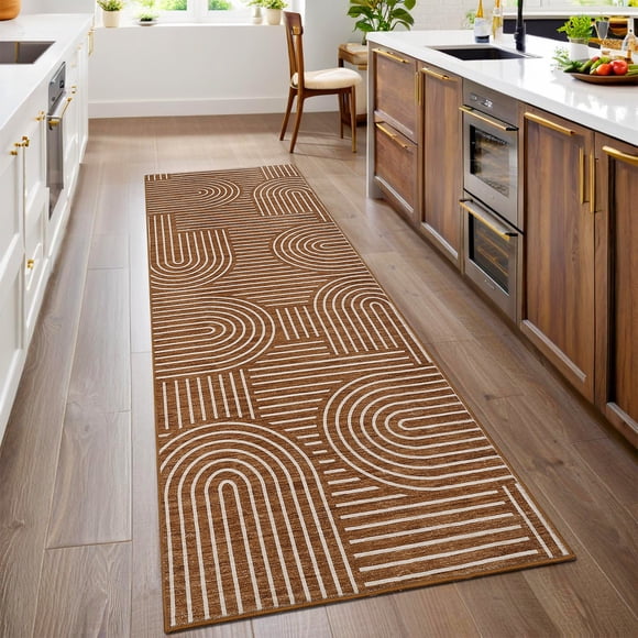Washable 2x6 Runner Rug Modern Brown Bathroom Rugs Non Shedding Abstract Lines Runners for Hallway Non Slip Kitchen Rugs Low Pile Soft Bedside Rug Runner for Kitchen Hallway Entryway, Brown