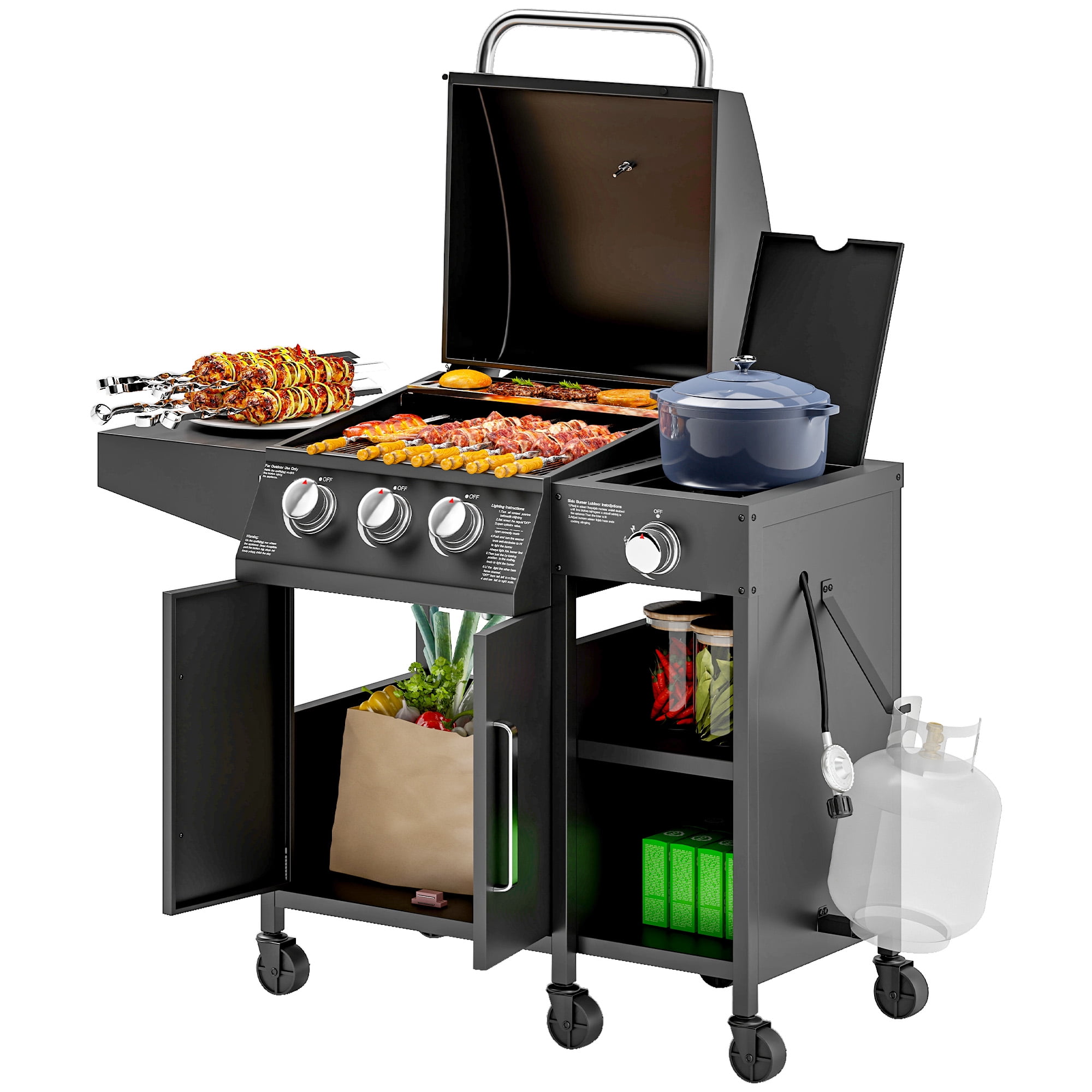 Outsunny 3 Burner Propane Gas Grill with Side Burner 9.5 KW BBQ Grill