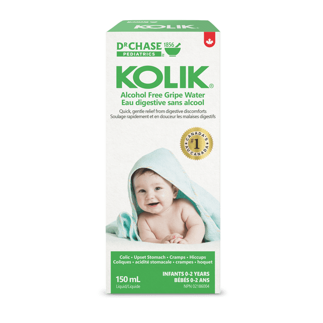 Kolik Alcohol-Free Gripe Water packaging in white and green with bilingual English and French text, featuring a baby wrapped in a light blue towel, providing quick relief from colic, upset stomach, cramps, and hiccups for infants 0-2 years, 150 mL liquid.