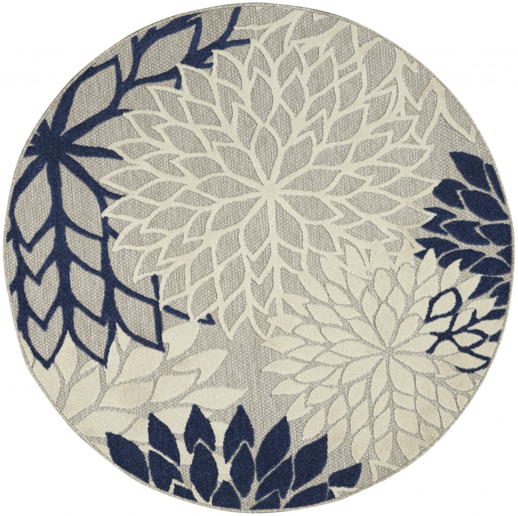 homeroots home decor 384832 4’ Round Ivory and Navy Indoor Outdoor Area Rug