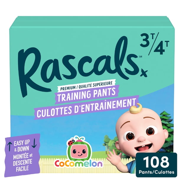 Rascals CoComelon Absorbent Potty Training Pants, Size 3T-4T, 108 Count sealed retail box front view showing brand and count, illustrated pull-up with JJ & friends CoComelon print, packaging highlights UltraFlex 360™ waistband, Easy Up & Down design and Hydrolock Core™.