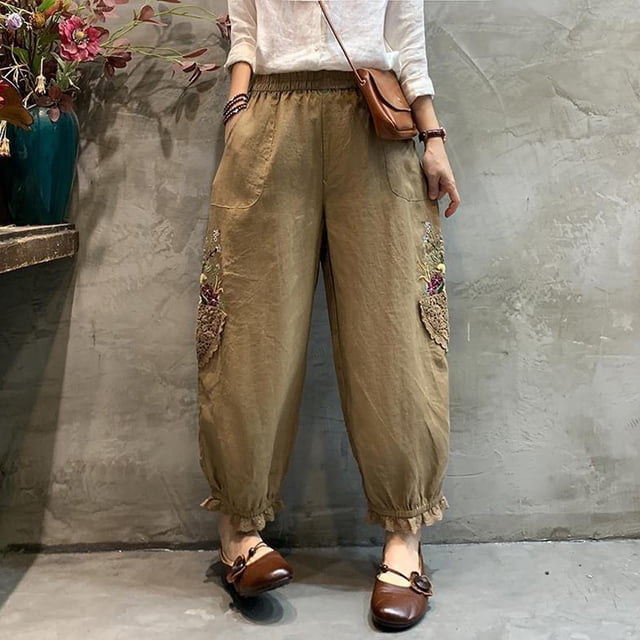 Simua Women's Harem Pants, Vintage Lace Embroidered Patchwork High Waist Ruffle Trousers with Pockets