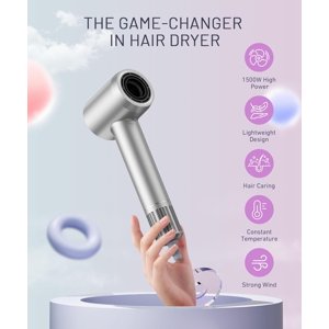 Hair Dryer - 150000 RPM High-Speed Brushless Motor Negative Ionic Blow Dryer for Fast Drying, Low Noise Thermo-Control Hair Dryer with Diffuser and Nozzle, Silvery