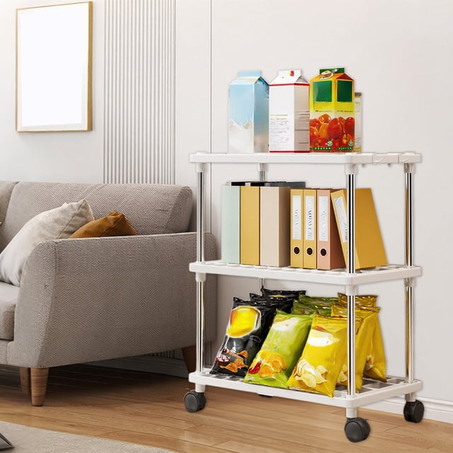 MTBLYS Storage Shelves with Wheels 3-Tier Independent Shelving Unit Portable Storage Rack 23.2X15.7X8.2 Inch Plastic Floor Shelf Pantry Kitchen Closet Bath Use