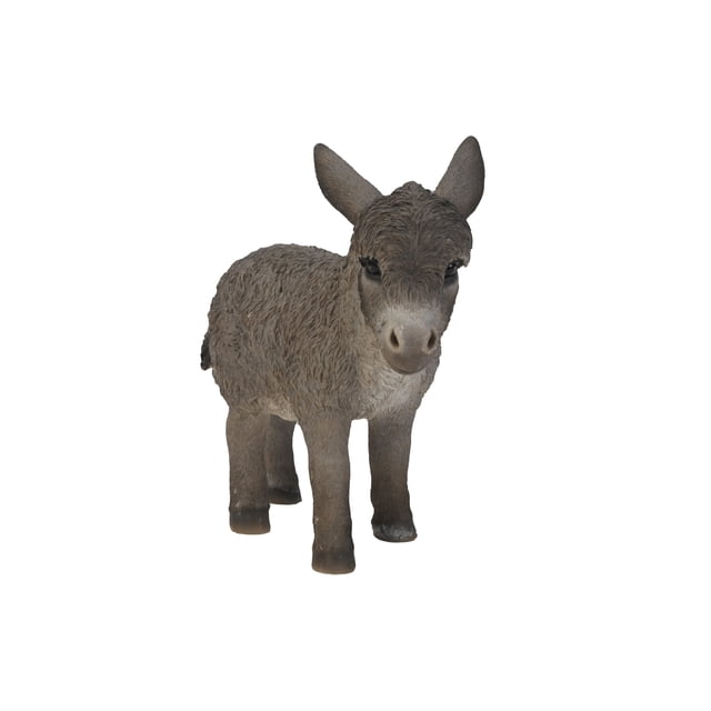 Garden Decor Animal Statue Standing Grey Donkey Looking Right Statue. A realistic baby donkey statue, also known as a foal, crafted from durable polyresin with intricate details and a grey finish. Suitable for indoor or outdoor use under protective roofing. No assembly required.