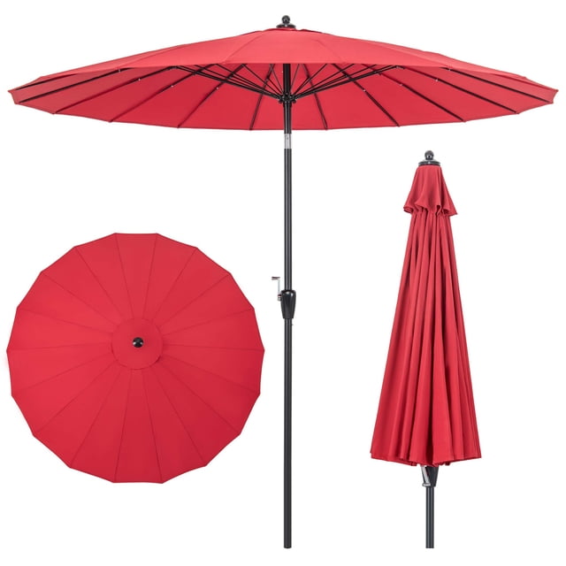 Costway Parasol de Marché Rond pour Patio de 9 Pi avec Inclinaison à Bouton-Poussoir, Manivelle, Toit Ventilé de Couleur Vin. Offre une Grande Zone d'Ombrage avec un Auvent en polyester durable Soutenu par 18 Baleines en Fibre de Verre et un Mât en Aluminium Antirouille. Comprend un Toit Ventilé pour la Circulation d'Air et la Stabilité, et une Manivelle pour une Ouverture et une Fermeture Faciles. Idéal pour les Espaces Extérieurs comme les patios, les Jardins et les Zones au Bord de la Piscine.