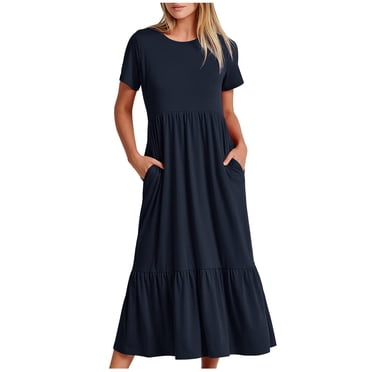 Robe d'Été Décontractée pour Femmes à Manches Courtes et Col Ras du Cou, Robe Longue Fluide à Étages pour la Plage avec Poches