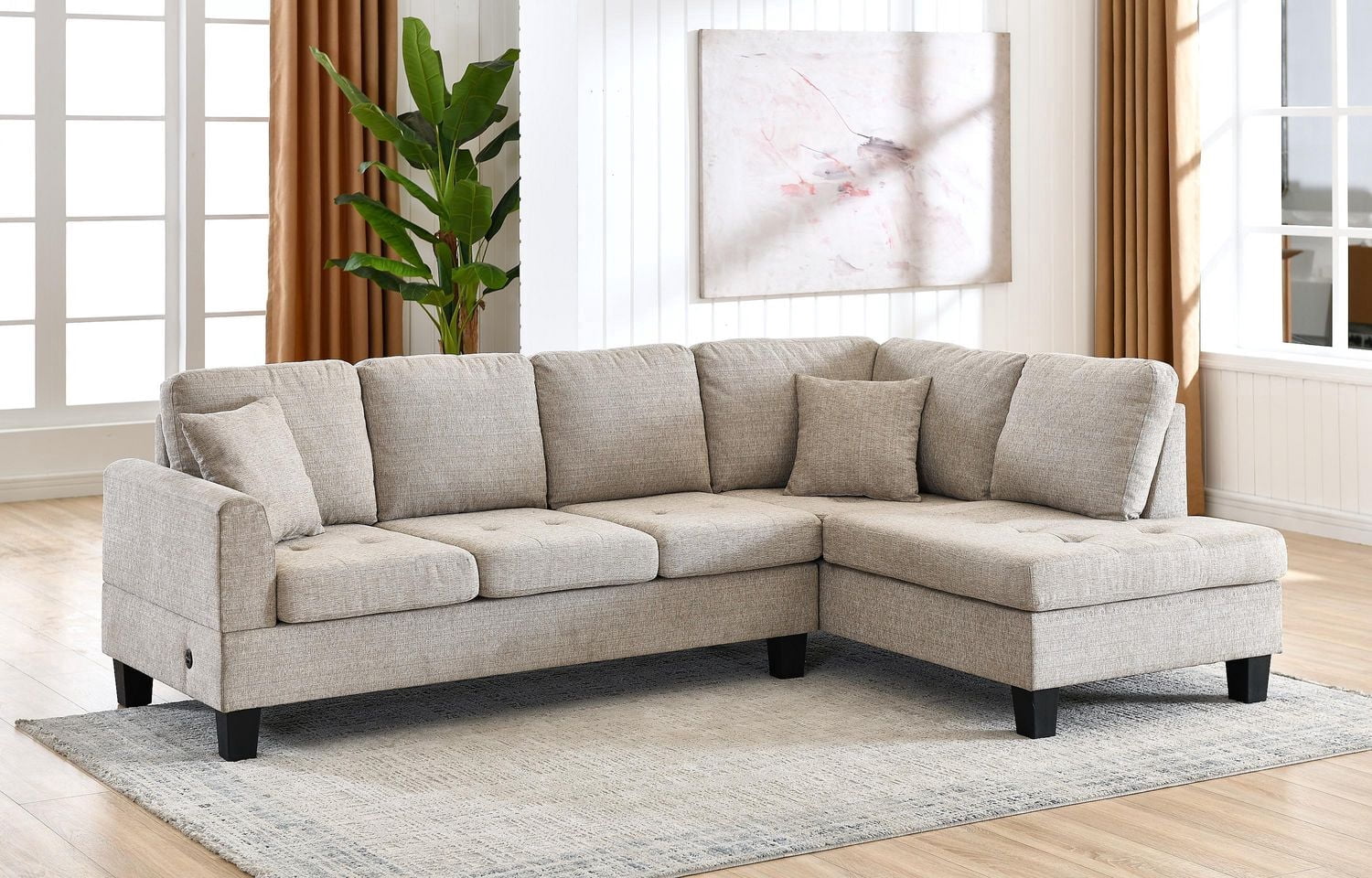 K-Living Nolan Fabric Sectional in Almond Color with USB Port & 2 Throw Pillows