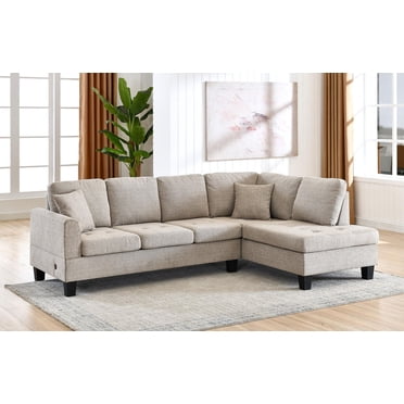 Canapé modulable en tissu K-Living Nolan de couleur amande avec port USB et 2 coussins décoratifs