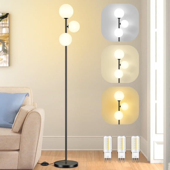OUTON 71 Pouces Globe Lampadaire pour Salon en Liquidation, Lampe sur Pied Moderne à 3 Lumières avec 3 Températures de Couleur, Grande Lampe à Intensité Réglable pour Chambre et Bureau, Ampoules Incluses, Noir