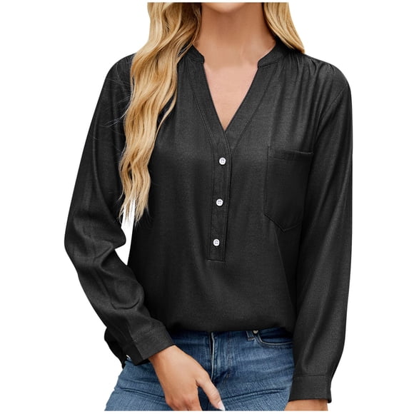 Black Cowgirl Casual T Shirts for Women Fall Winter Long Sleeve V Neck Faux Denim Loose Fit Tops Shirts Women 2025 Clothes L