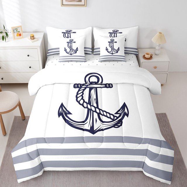 Erosebridal Anchor Bedding Sets Twin Size,Nautical Theme Comforter Sets With Sheets,Stripes Decor,Reversible,Breathable,7Pcs