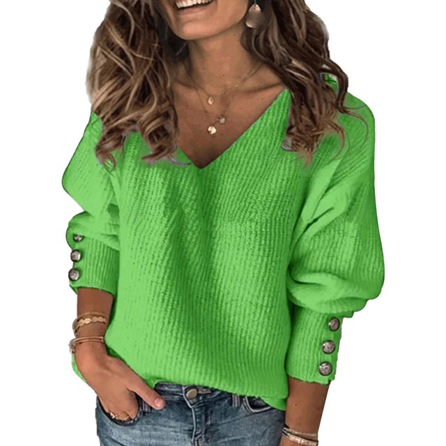 MAWCLOS Ladies Pullover Long Sleeve Knit Tops V Neck Tunic Blouse Loose Work Solid Color Top Green XXL