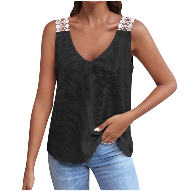 Birdeem Mode Femmes Décontracté Col en V Sans Manches Dentelle T-Shirt Uni Blouse