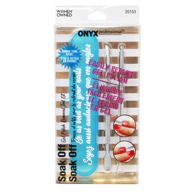 Onyx Professional Trousse d'Outils de Retrait de Gel Polish Soak Off avec Étui de Rangement, 3 Pcs Comprenant un Étui Bleu et Trois Outils en Acier Inoxydable Incluant un Grattoir Courbé, un Poussoir Arrondi et un Dissolvant de Cuticules Pointues pour un Retrait Doux du Gel Polish et l'Entretien des Ongles, avec Emballage Bilingue en Anglais et Français.