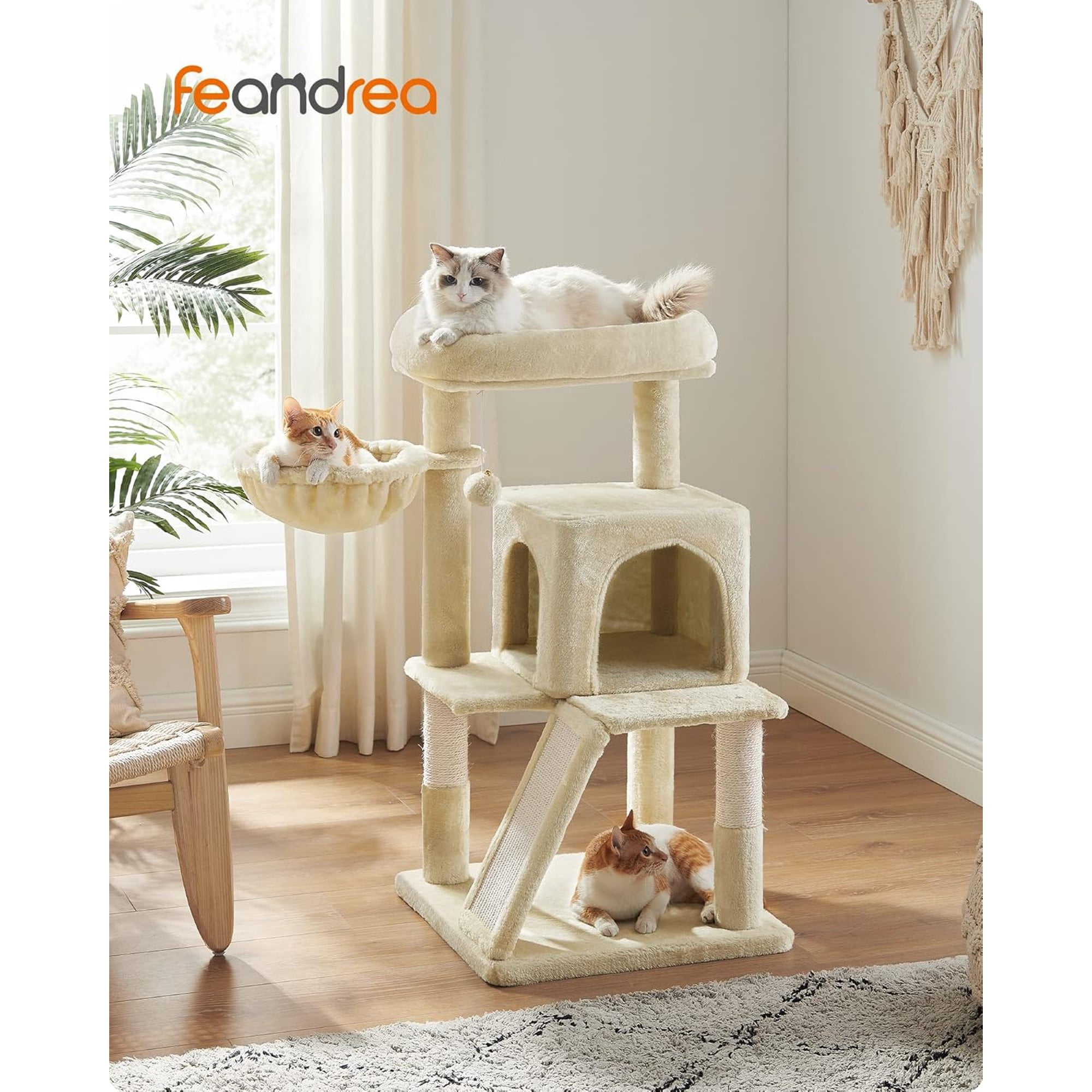 FEANDREA Cat Tree, Small Cat Tower with Widened Perch for Large Cats Indoor, Kittens, 96 cm Multi-Level Cat Condo, Scratching Posts and Ramp, 2-Door Cat Cave, Cat Basket, Camel Brown