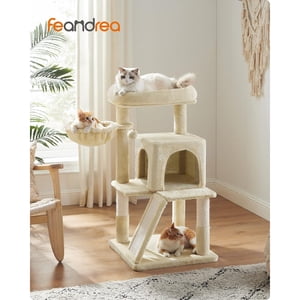 FEANDREA Arbre de chat, petite tour de chat avec perche élargie pour les grands chats à l'intérieur, chatons, 96 cm Condo Cat multi-niveaux, poteaux de scratching et rampe, 2-Door Cave de chat, Panier de chat , Camel Brown
