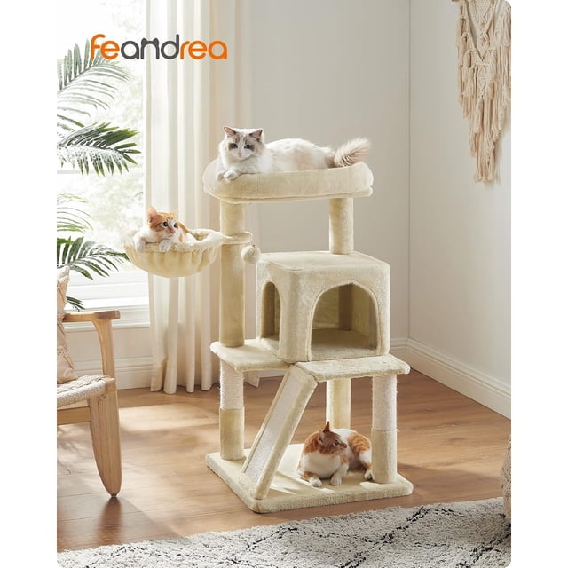 FEANDREA Cat Tree, Small Cat Tower with Widened Perch for Large Cats Indoor, Kittens, 96 cm Multi-Level Cat Condo, Scratching Posts and Ramp, 2-Door Cat Cave, Cat Basket, Camel Brown