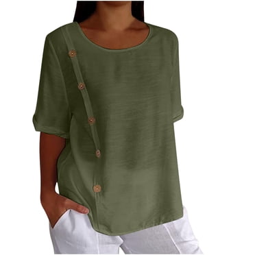 AherBiu Womens Tops Cotton Linen Button Casual Half Sleeve Loose Round Neck Comfy Lightweight Tshirt Tops