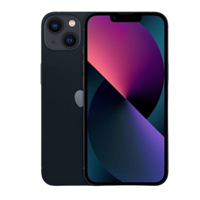Remis à Neuf (Bon) Apple iPhone 13 Couleur Minuit avec Stockage de 128 Go, Affiché en Vue avant et Arrière. le Téléphone Présente un Système à Double Caméra à l'Arrière et un Écran vibrant Bord à Bord à l'Avant. Déverrouillé pour Utilisation avec Divers Opérateurs.