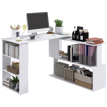 HOMCOM Bureau d'Angle Rotatif à 360° pour PC Portable, Poste de Travail, Étagère de Rangement, Blanc