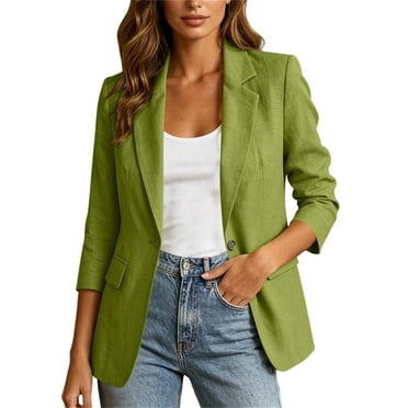 ShomPort Women's Blazer Cotton Linen 3/4 Sleeve Button down Lapel Suit Jacket with Pockets Commuting Business Casual Blazer