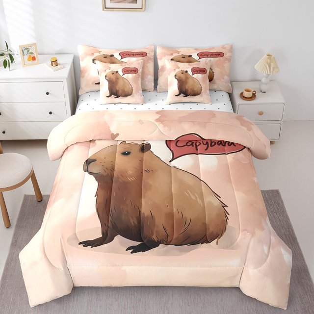 YST Ensemble Douillette 7 Pcs Dessin Animé Capybara, Cadeaux Capybara Aquarelle Brun, Polyester, Format Grand Lit (7 Unités)