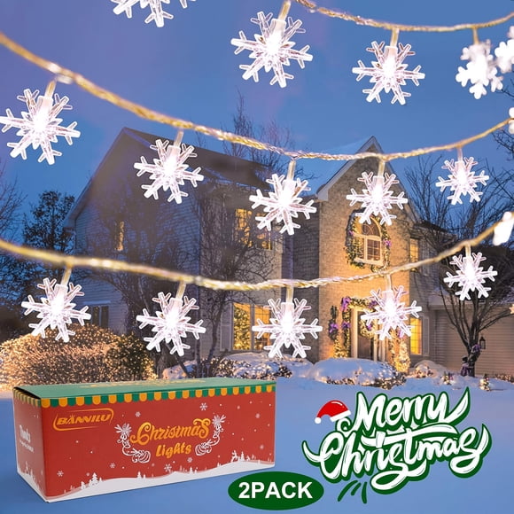 Lot de 2 Guirlandes Lumineuses Flocon de Neige de Noël, Guirlandes Lumineuses 12 m à Piles avec 80 DEL, à Piles pour la Maison, Intérieur, Extérieur
