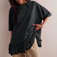 thumbnail image 2 of AherBiu Womens Summer Tops Casual Short Sleeve Drop Shoulder Crewneck Comfy T Shirts Loose Ruffle Patchwork Tops, 2 of 7