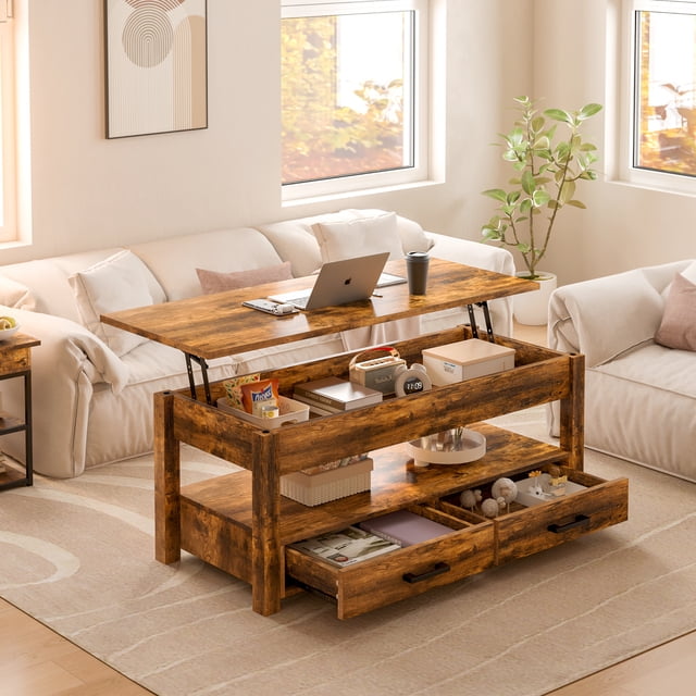 GUNAITO Table Basse à Plateau Relevable avec 2 Tiroirs, Table Basse convertible en Bois Brun, Mesurant 42 Pouces. la Table Présente un design à Plateau Relevable pour une Hauteur Réglable, Créant un Espace de Travail Ou une surface de Salle à Manger. Elle Comprend Deux Tiroirs et un Compartiment Caché pour un Rangement Organisé d'Articles comme des Livres, des Collations et des Fournitures de Bureau. Fabriquée en Panneau de Particules Conforme EPE, Elle Offre une Durabilité et une Esthétique Rustique, s'Intègre Sans Couture à Divers styles de Salon. Présentée dans un Décor de Salon Chaleureux