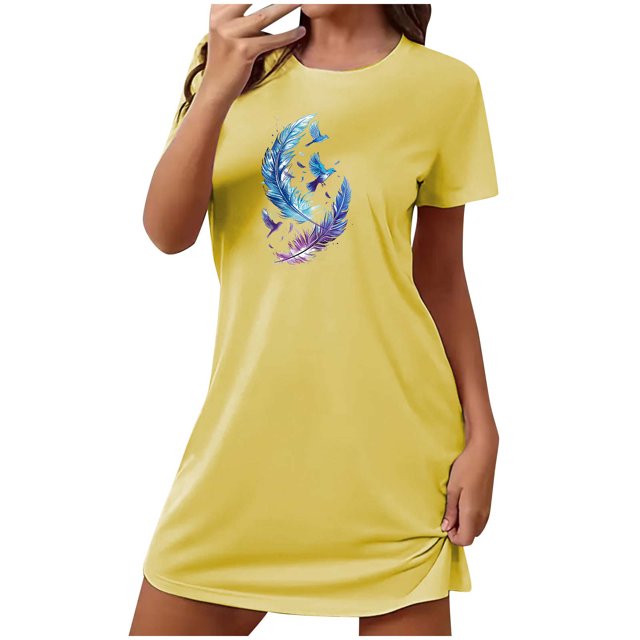 Mrat Robes pour Femmes Vêtements de Nuit Robe pour Femmes Vêtements de Nuit Manches Courtes Chemise de Nuit Décontractée Imprimée Robe de Nuit Ample Confortable Pyjama Nuisette S-92 Jaune m