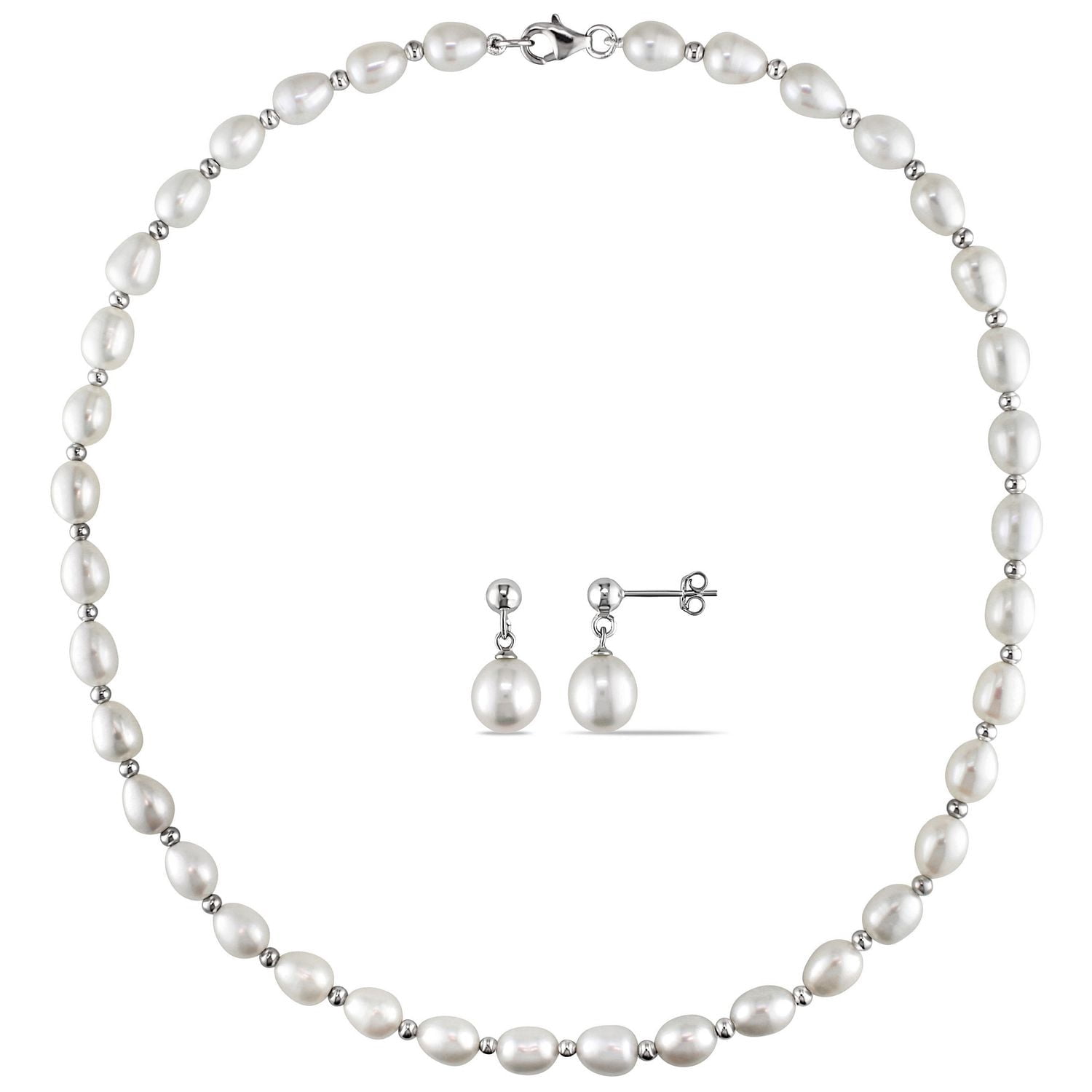 Ensemble boucles d'oreilles et collier Miabella avec perles d'eau douce cultivées blanches en forme de grain de riz de 8 à 8,5 mm façonné en argent sterling