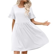 Women's Casual Dress, Short Sleeve Summer Dress with Ruffle Sleeves, Knee Length Round Neck Dress, Soft Stretch Fabric for Daily Wear