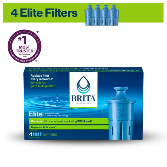 Brita Elite Replacement Filter, Reduces 30+ contaminants, WQA Certified to reduce Lead, Microplastics, Chromium and Chlorine, Lasts 6 months, 4 Count