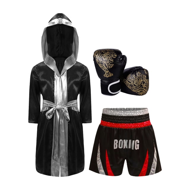 MSemis Boys 3 Piece Boxing Tracksuit Halloween Cosplay Costume Satin Robe with Shorts Punching Exercise Gloves Set Red&Silver 6